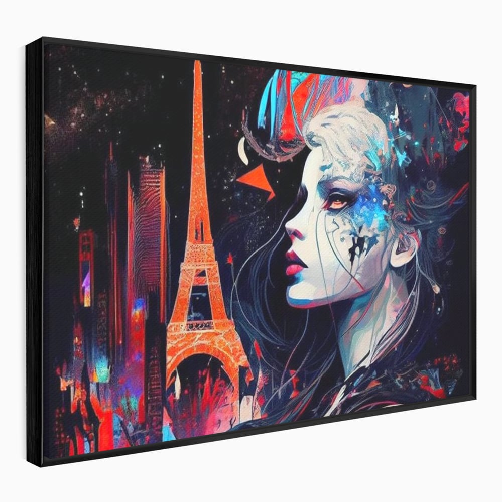 Tablou canvas cu tablou canvas cu femeie si turnul eiffel, in rama de aluminiu negru